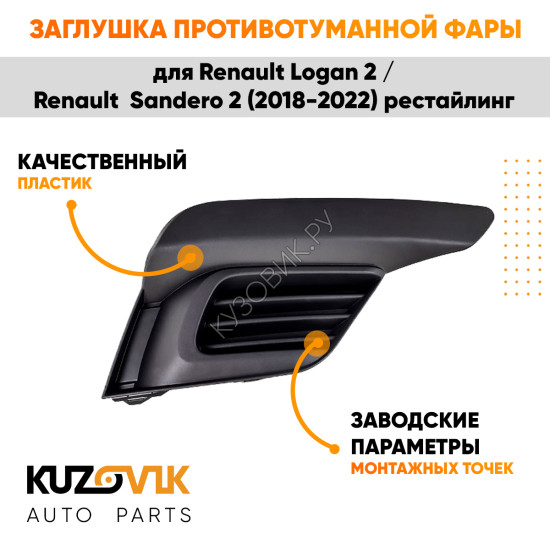 Заглушка противотуманной фар правая Renault Logan 2 / Sandero 2 (2018-2022) рестайлинг без отверстия под ПТФ KUZOVIK